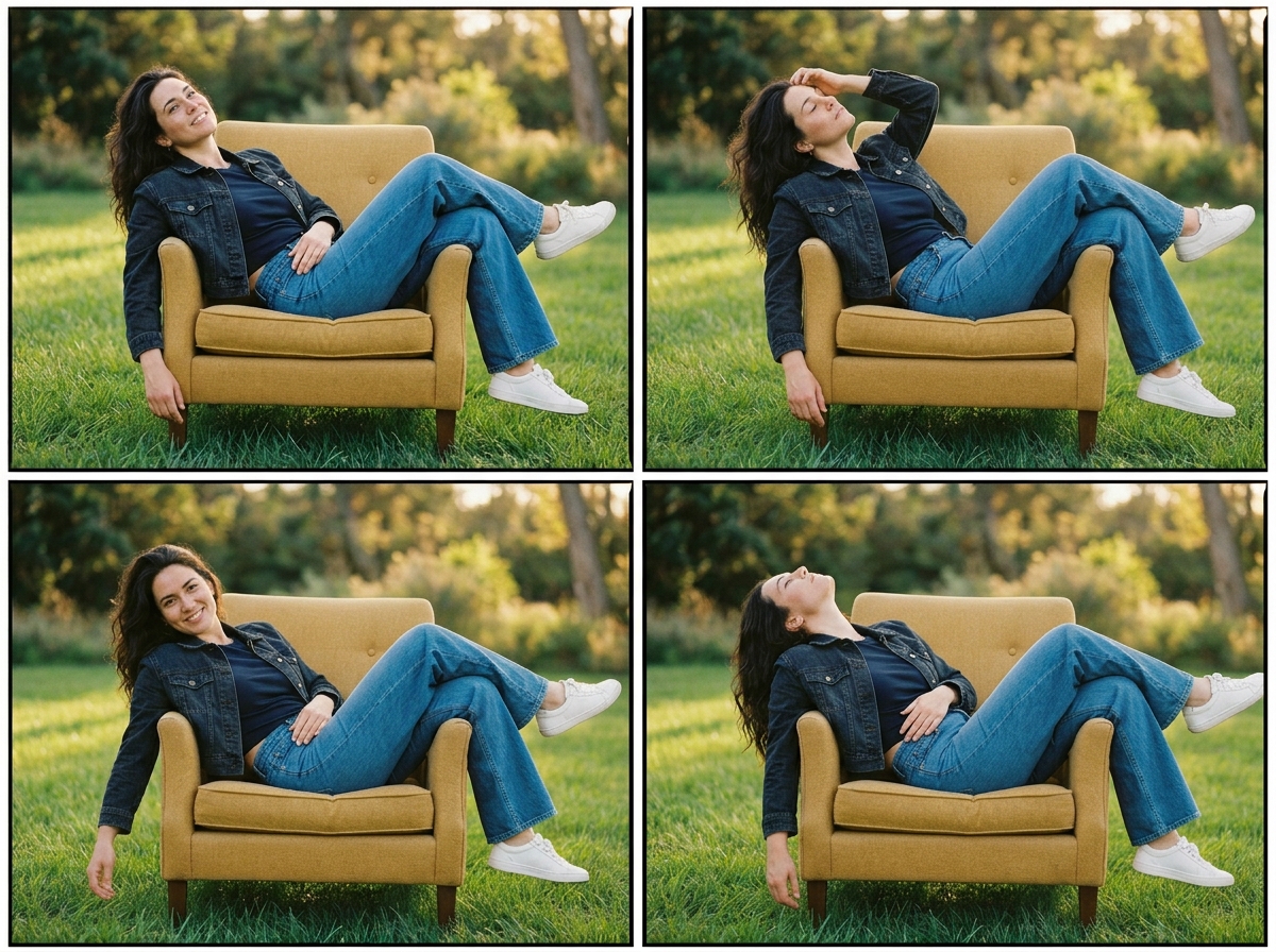 Woman reclining in a mustard armchair on bright lawn, wearing a contemporary everyday capsule