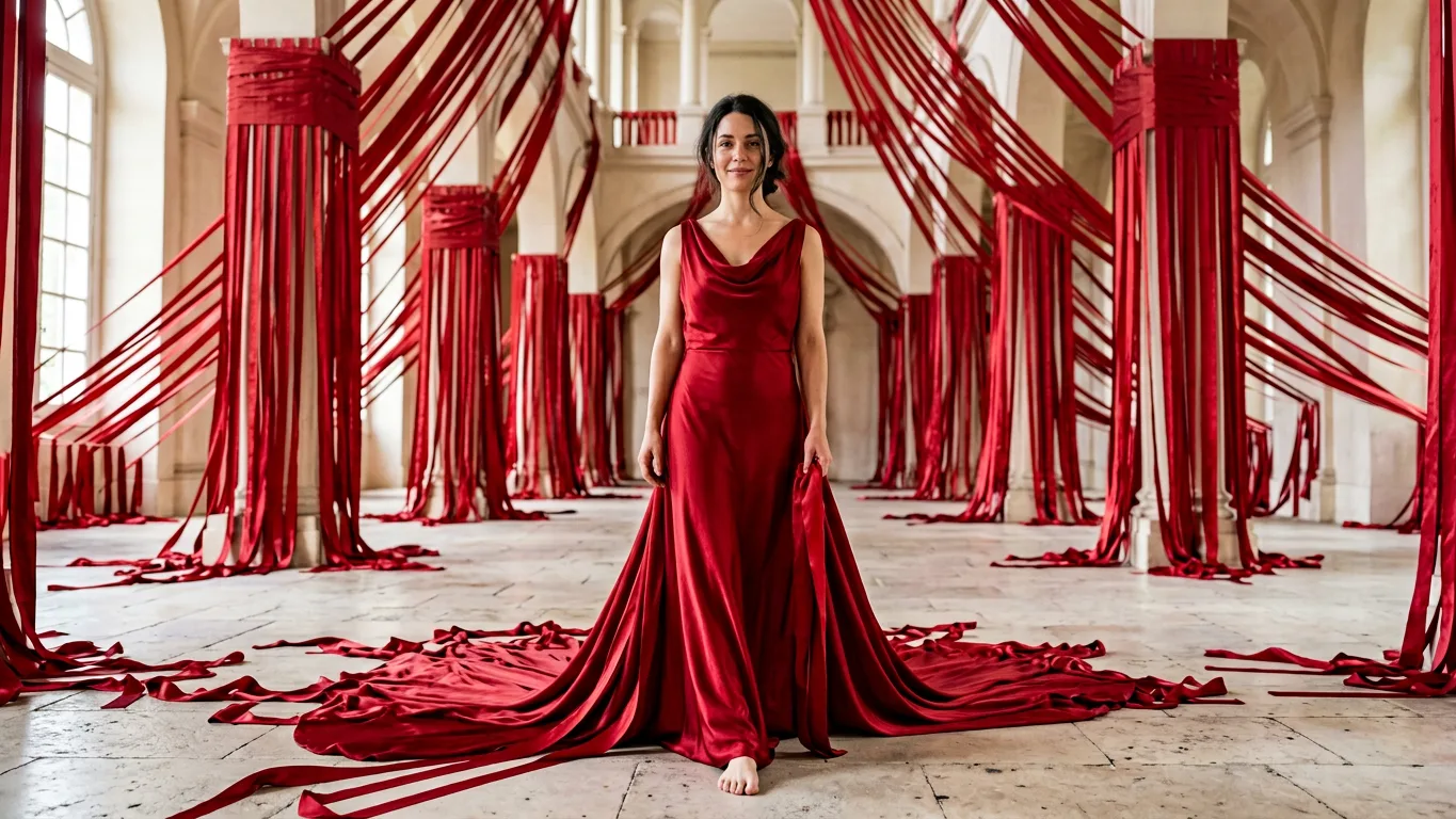 Frame from an AI brand film: a woman in a red gown in a hall of silk ribbons