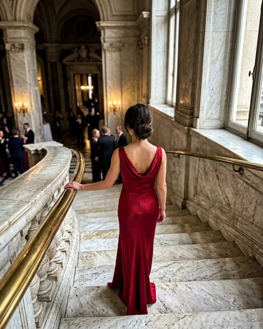 AI campaign photoshoot: a woman in a red gown on a marble staircase