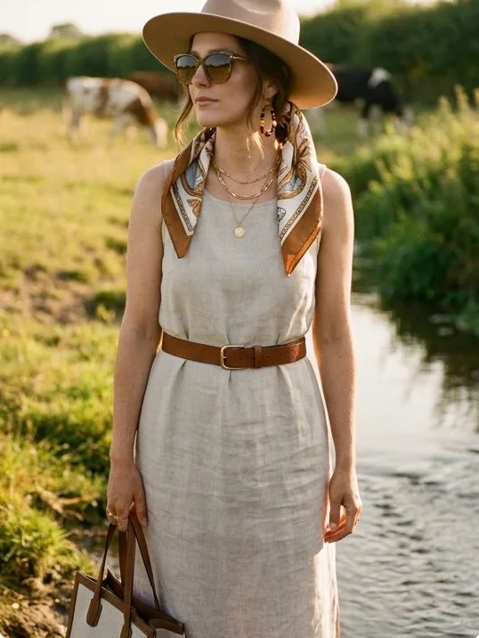 Accessories look on a model standing in a stream, shot with AI