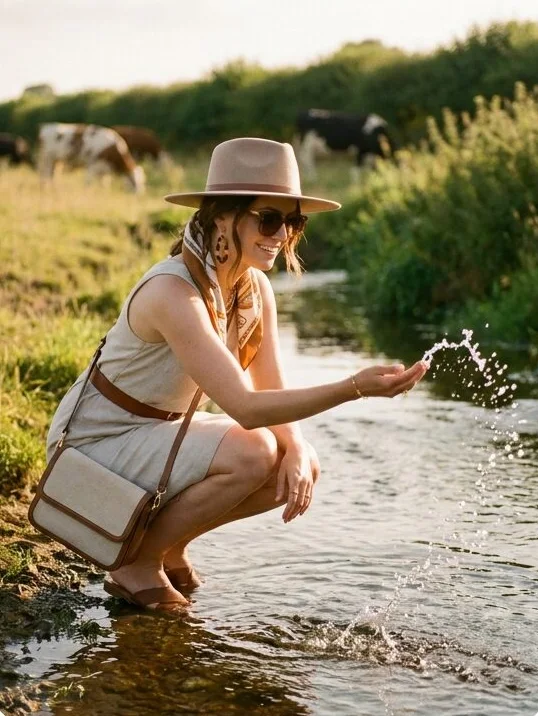Accessories look on a model crouched at the water's edge, shot with AI