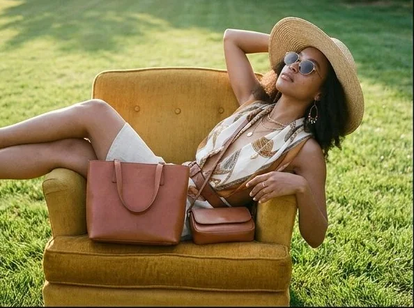Accessories look on a model lounging in a garden armchair, shot with AI