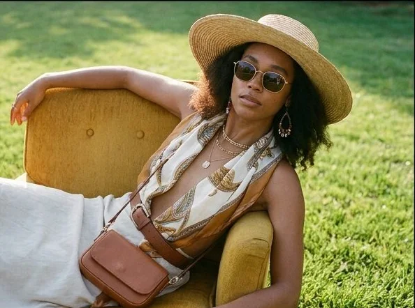 The same accessories look in a second armchair pose, shot with AI
