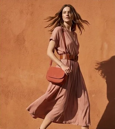 Accessories look on a model moving past a terracotta wall, an AI photoshoot by Kaptured.AI