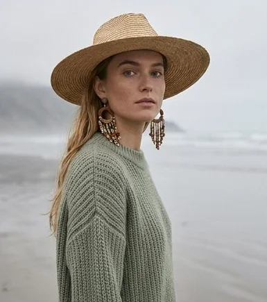 Accessories look on a model on a misty rocky coastline, an AI photoshoot by Kaptured.AI