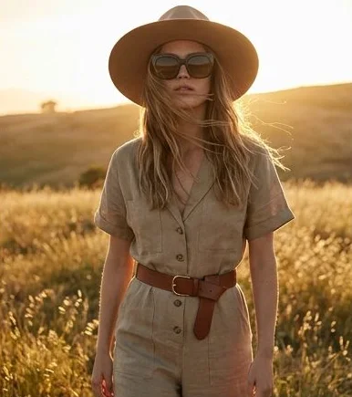 Accessories look on a model in a summer meadow, an AI photoshoot by Kaptured.AI