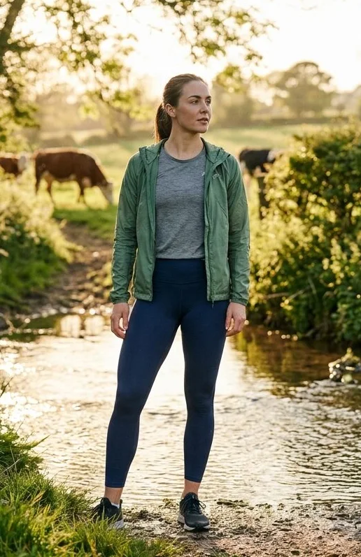 Activewear look on a model standing in a stream, shot with AI