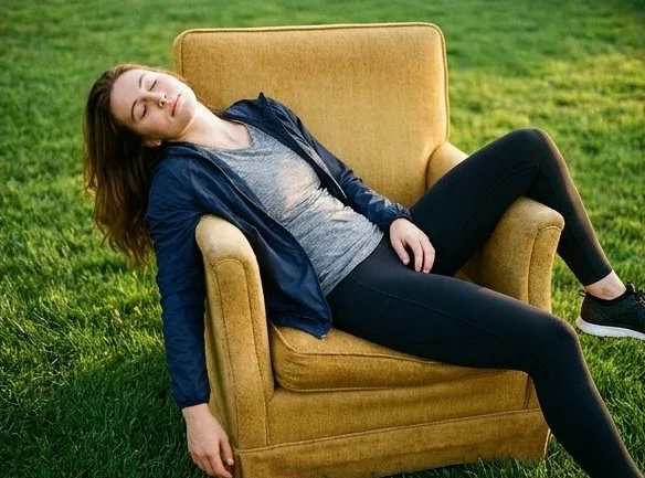 The same activewear look in a second armchair pose, shot with AI