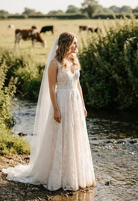 Bridal look on a model standing in a stream, shot with AI