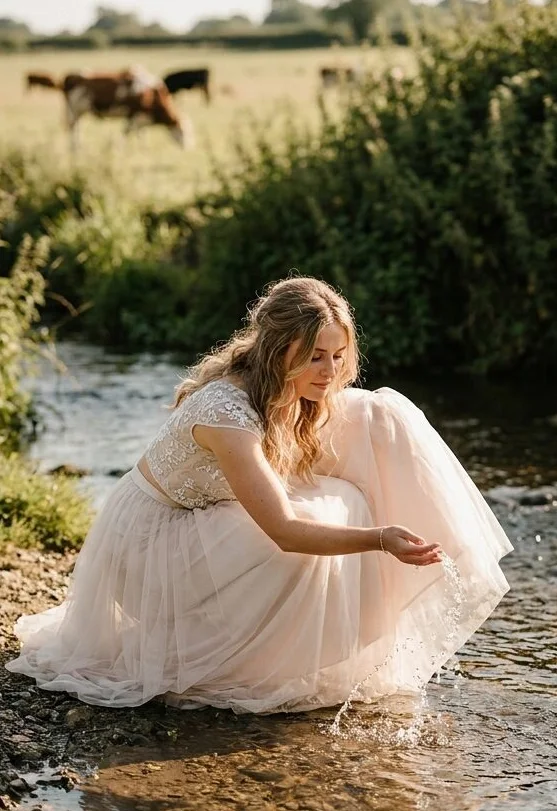 Bridal look on a model crouched at the water's edge, shot with AI