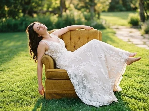 Bridal look on a model lounging in a garden armchair, shot with AI