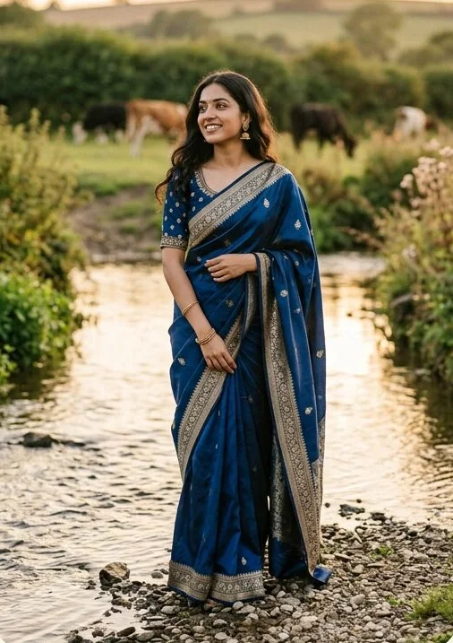 Ethnic wear look on a model standing in a stream, shot with AI