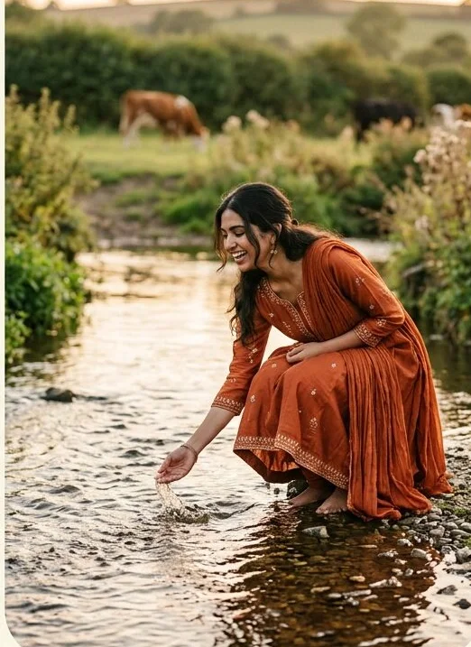 Ethnic wear look on a model crouched at the water's edge, shot with AI