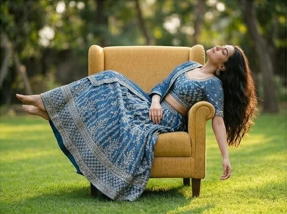 Ethnic wear look on a model lounging in a garden armchair, shot with AI