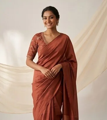 Ethnic wear look on a model against a draped linen backdrop, an AI photoshoot by Kaptured.AI
