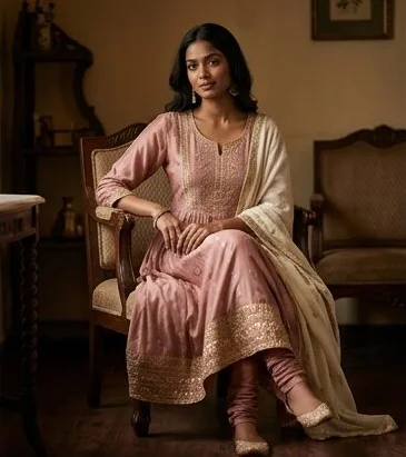 Ethnic wear look on a model seated in a leather armchair indoors, an AI photoshoot by Kaptured.AI