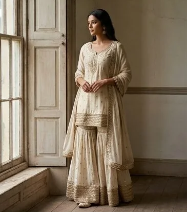 Ethnic wear look on a model in soft window light, an AI photoshoot by Kaptured.AI
