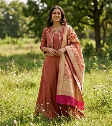 Ethnic wear look on a model in a summer meadow, an AI photoshoot by Kaptured.AI