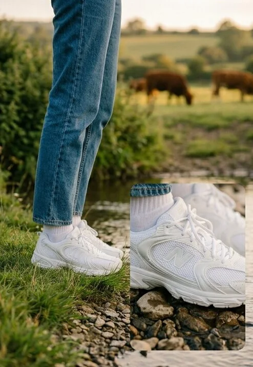 Footwear look on a model standing in a stream, shot with AI