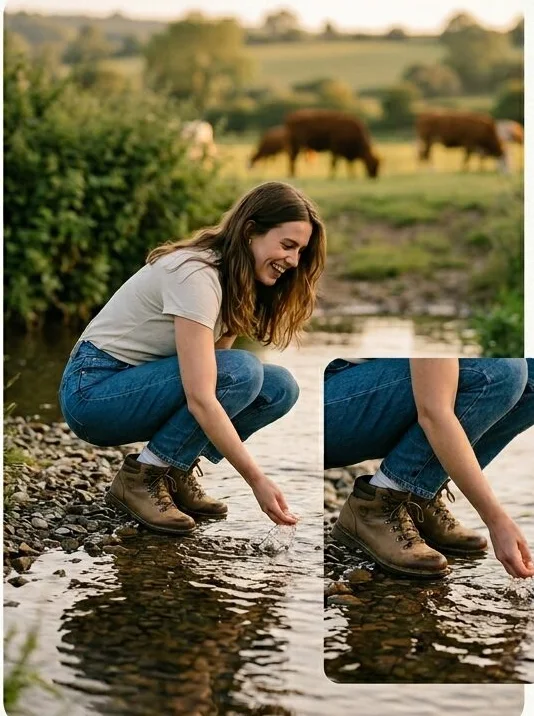 Footwear look on a model crouched at the water's edge, shot with AI