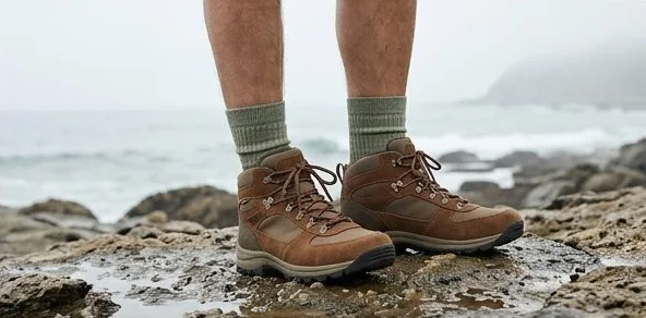 Footwear look on a model in lace-up boots on a rocky shore, an AI photoshoot by Kaptured.AI