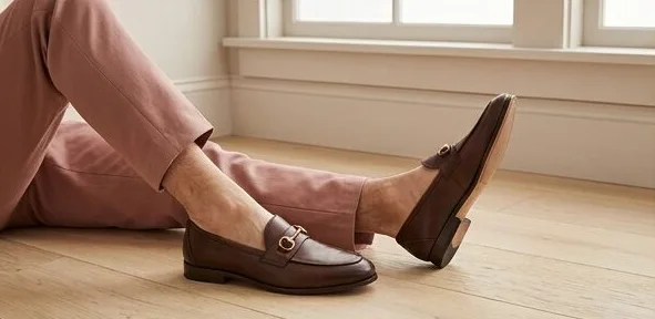 Footwear look on a model in brown loafers, seated in window light, an AI photoshoot by Kaptured.AI