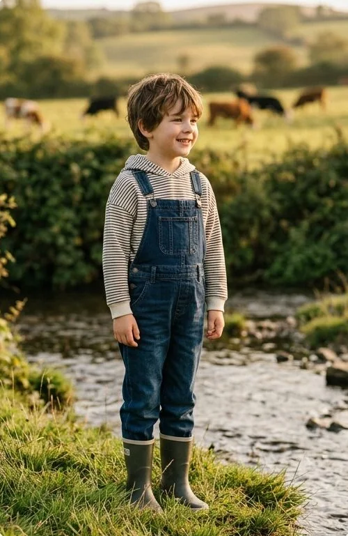 Kidswear look on a model standing in a stream, shot with AI