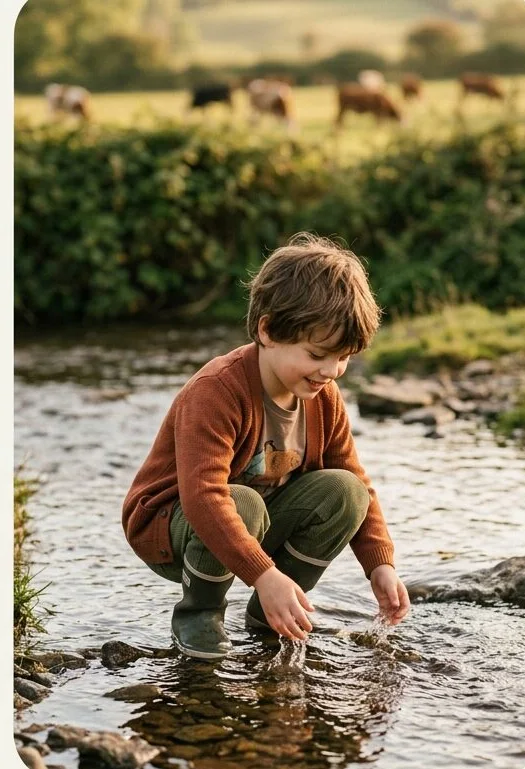 Kidswear look on a model crouched at the water's edge, shot with AI