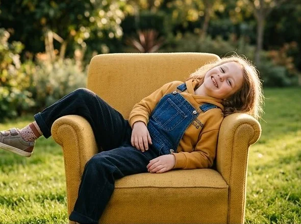 Kidswear look on a model lounging in a garden armchair, shot with AI