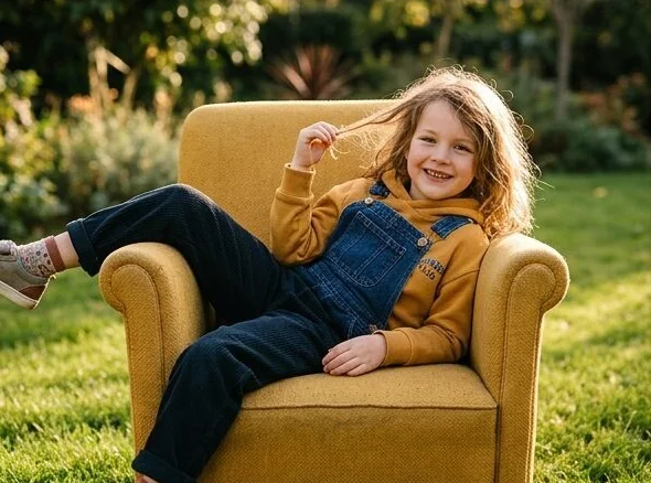 The same kidswear look in a second armchair pose, shot with AI