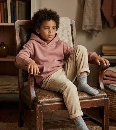 Kidswear look on a model seated in a leather armchair indoors, an AI photoshoot by Kaptured.AI