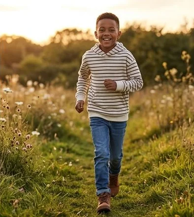 Kidswear look on a model in a summer meadow, an AI photoshoot by Kaptured.AI