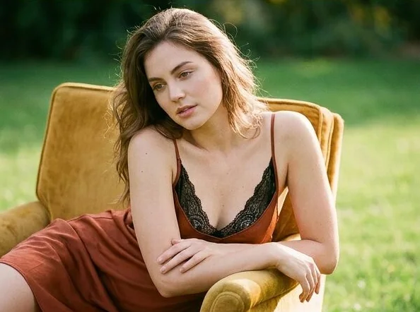 The same lingerie look in a second armchair pose, shot with AI