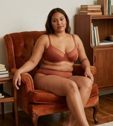 Lingerie look on a model seated in a leather armchair indoors, an AI photoshoot by Kaptured.AI