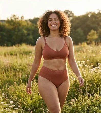 Lingerie look on a model in a summer meadow, an AI photoshoot by Kaptured.AI