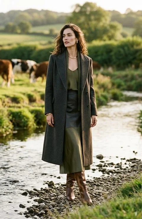 Luxury look on a model standing in a stream, shot with AI