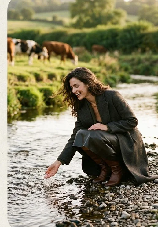 Luxury look on a model crouched at the water's edge, shot with AI