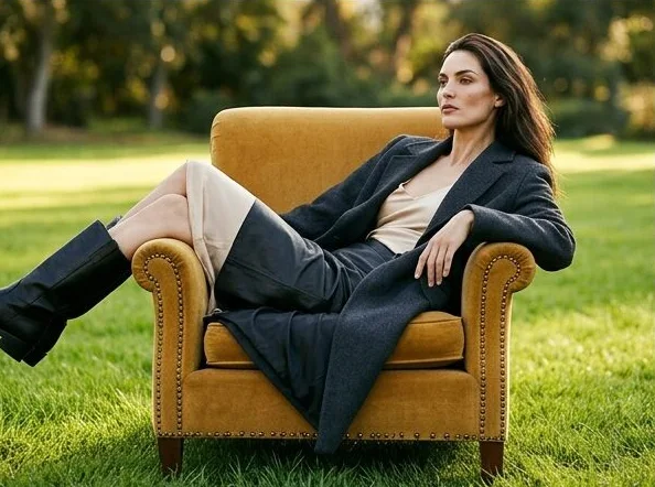 The same luxury look in a second armchair pose, shot with AI