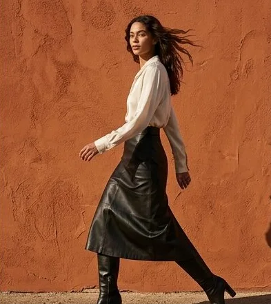 Luxury look on a model moving past a terracotta wall, an AI photoshoot by Kaptured.AI