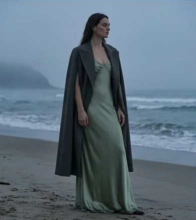Luxury look on a model on a misty rocky coastline, an AI photoshoot by Kaptured.AI