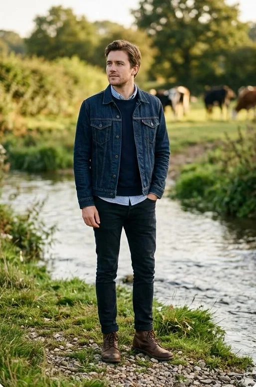 Menswear look on a model standing in a stream, shot with AI