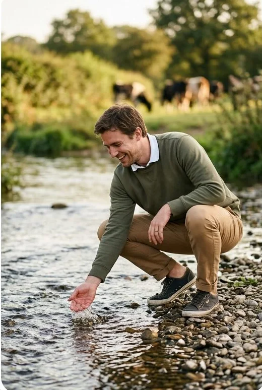 Menswear look on a model crouched at the water's edge, shot with AI