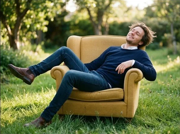 Menswear look on a model lounging in a garden armchair, shot with AI