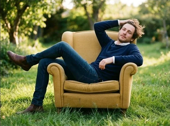 The same menswear look in a second armchair pose, shot with AI