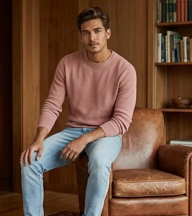 Menswear look on a model seated in a leather armchair indoors, an AI photoshoot by Kaptured.AI