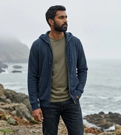 Menswear look on a model on a misty rocky coastline, an AI photoshoot by Kaptured.AI