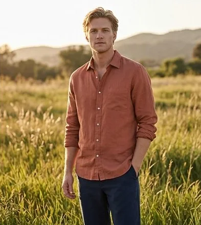 Menswear look on a model in a summer meadow, an AI photoshoot by Kaptured.AI