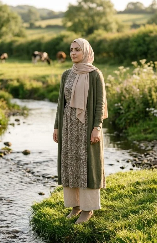 Modest wear look on a model standing in a stream, shot with AI
