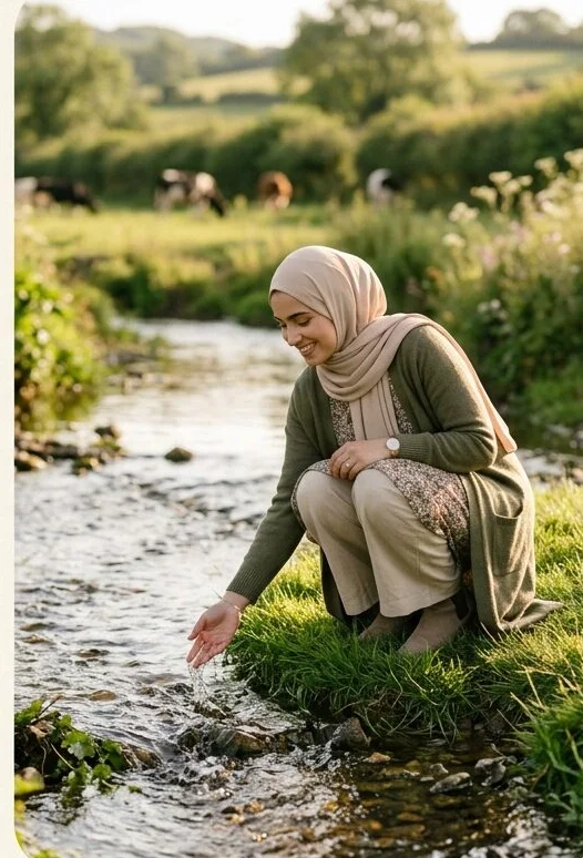 Modest wear look on a model crouched at the water's edge, shot with AI