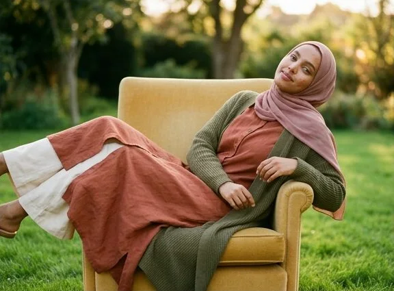 The same modest wear look in a second armchair pose, shot with AI